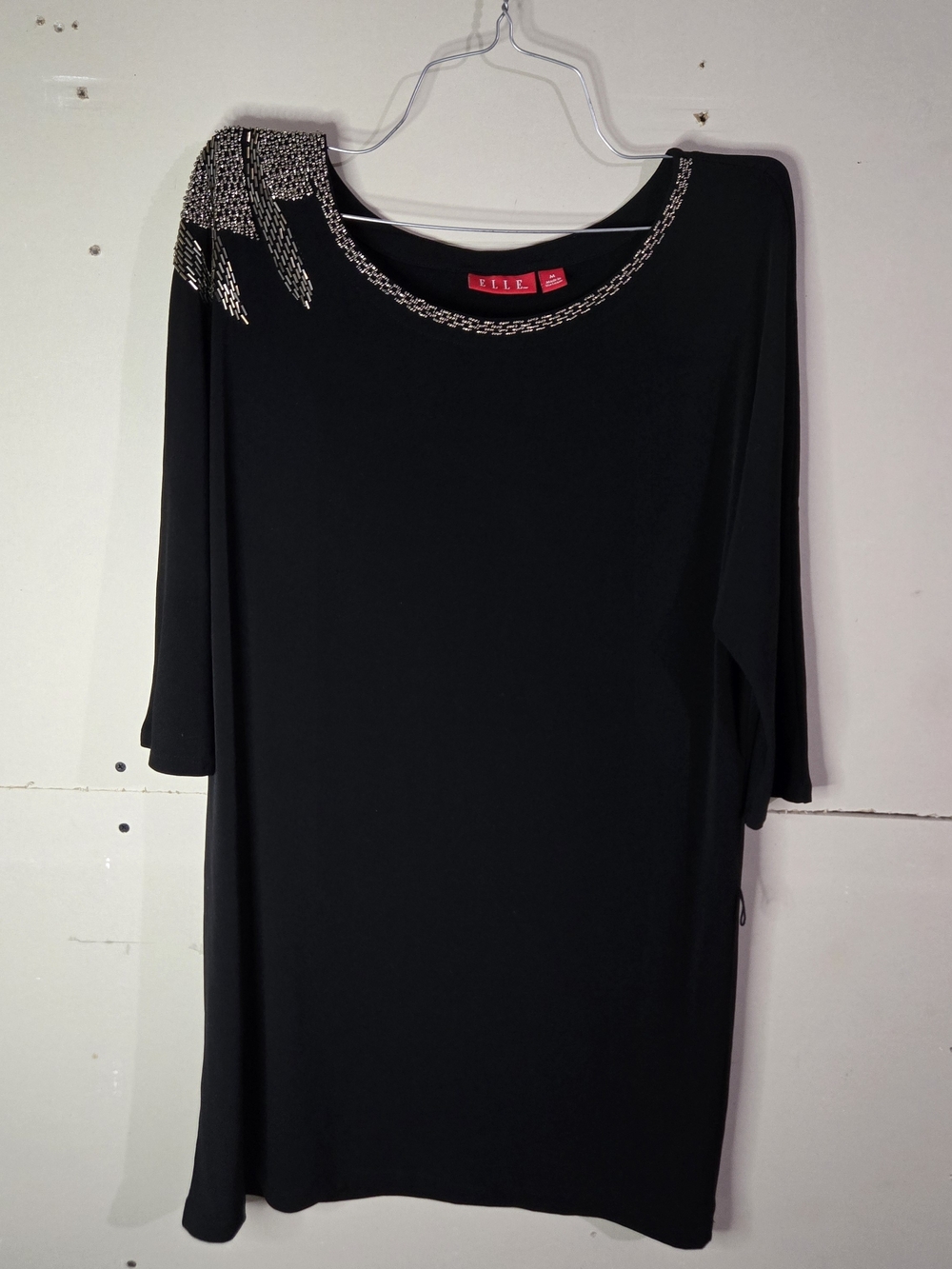 ELLE Women's M Beaded Shoulder Elegant 3/4 Sleeve Black Tunic Top Dress